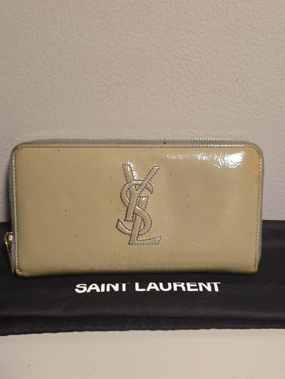 Yves Saint Laurent Glossy Sage Green Patent Zip Wallet